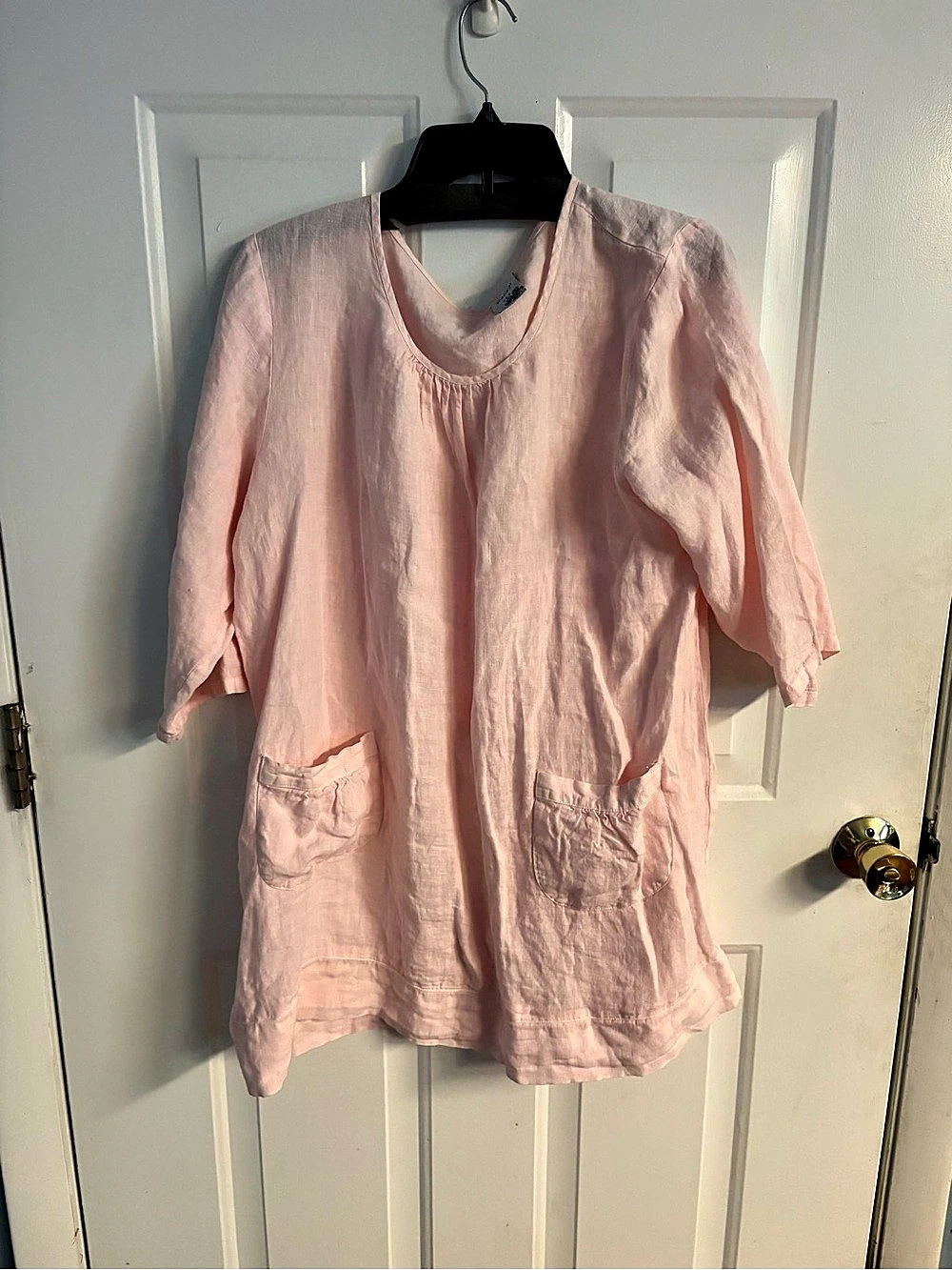 Match Point USA 100% Linen Light Pink Tunic Top Boho Pockets L Large Made in USA